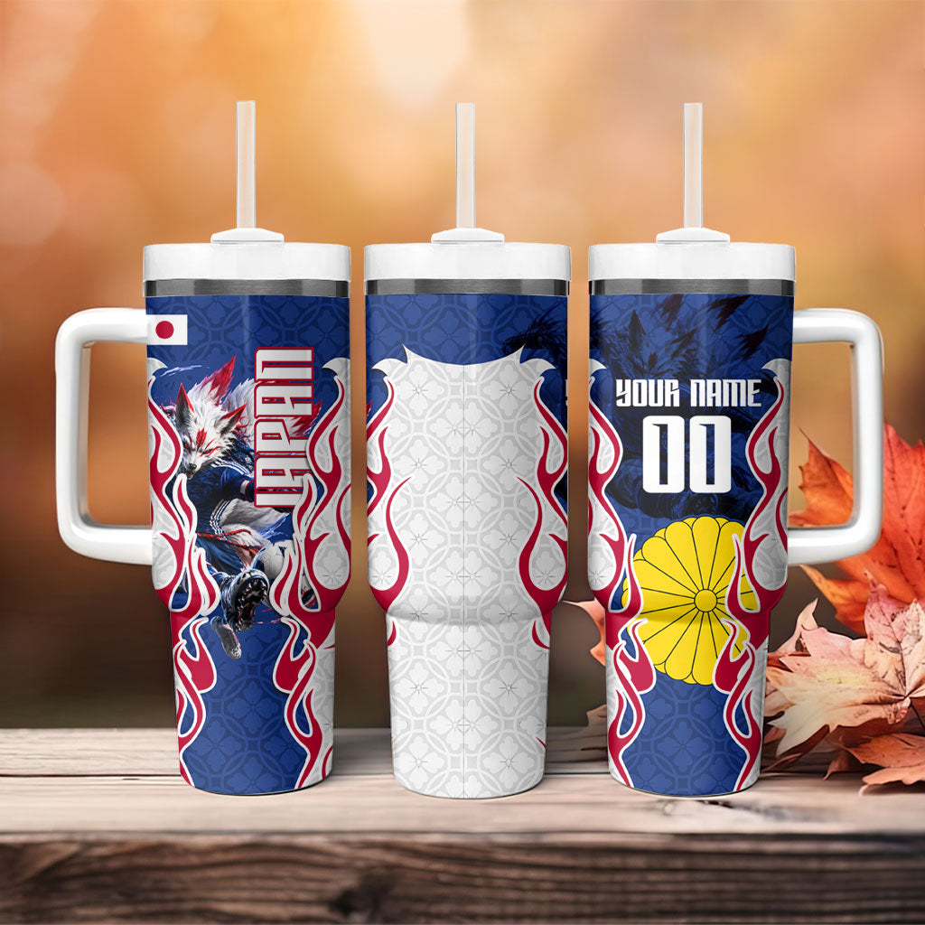 Personalized Japan Football Kitsune Mascot Tumbler With Handle Samurai Blue Chrysanthemum Flame