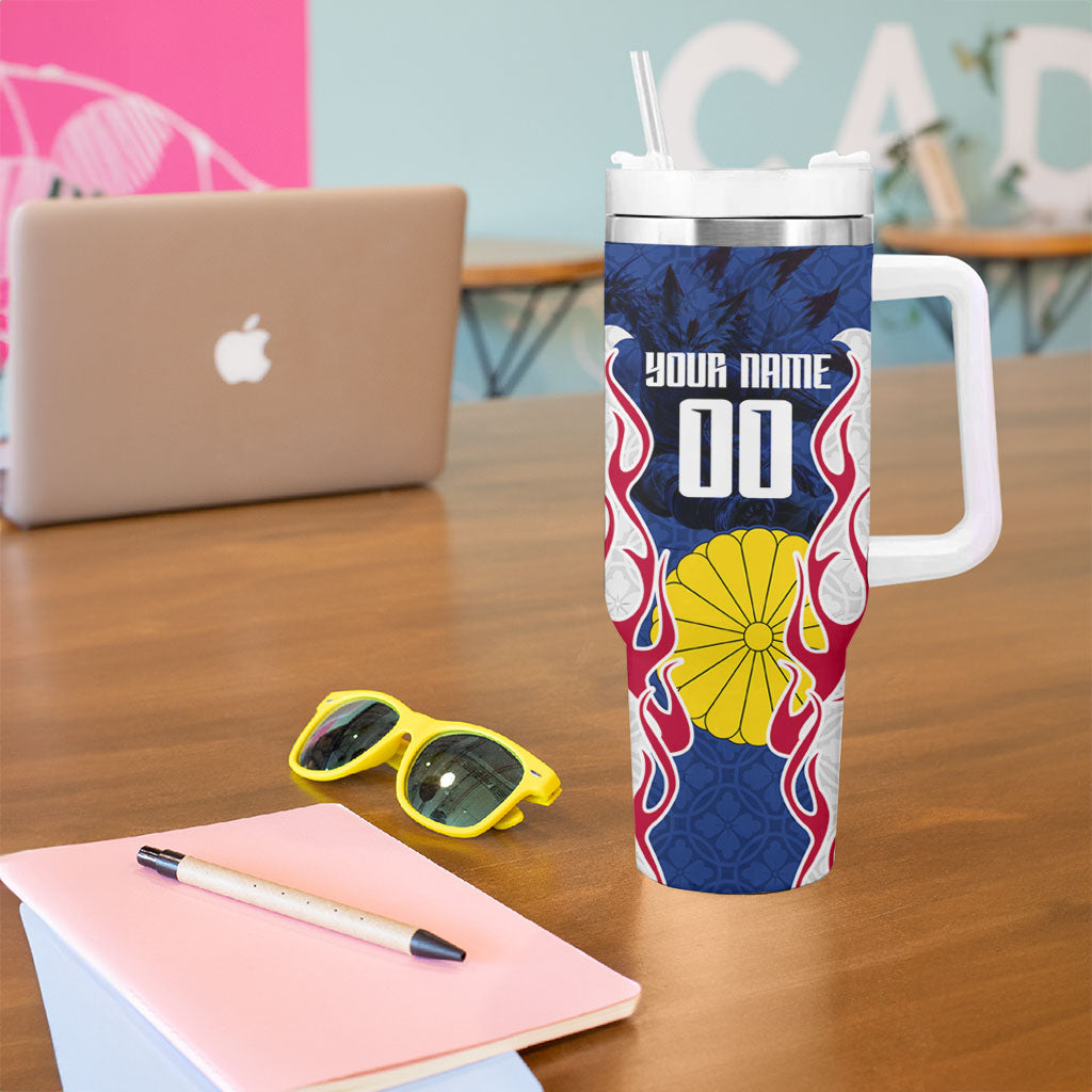 Personalized Japan Football Kitsune Mascot Tumbler With Handle Samurai Blue Chrysanthemum Flame