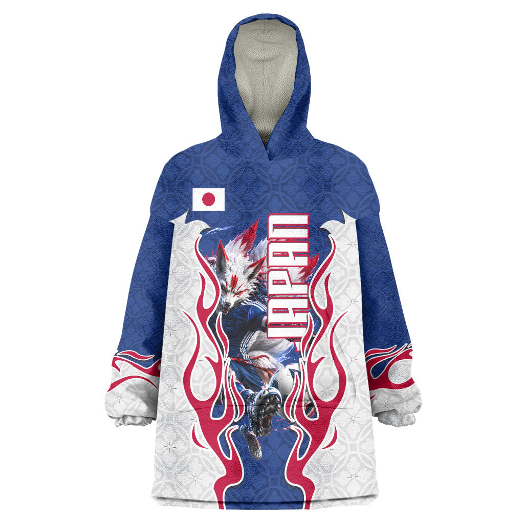 Personalized Japan Football Kitsune Mascot Wearable Blanket Hoodie Samurai Blue Chrysanthemum Flame