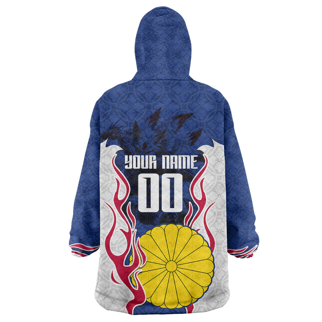 Personalized Japan Football Kitsune Mascot Wearable Blanket Hoodie Samurai Blue Chrysanthemum Flame