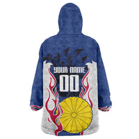 Personalized Japan Football Kitsune Mascot Wearable Blanket Hoodie Samurai Blue Chrysanthemum Flame