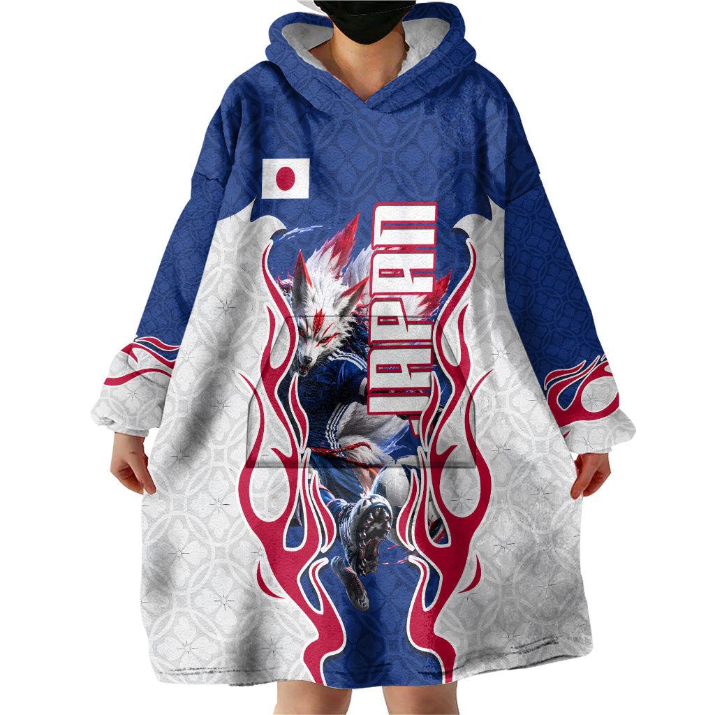 Personalized Japan Football Kitsune Mascot Wearable Blanket Hoodie Samurai Blue Chrysanthemum Flame