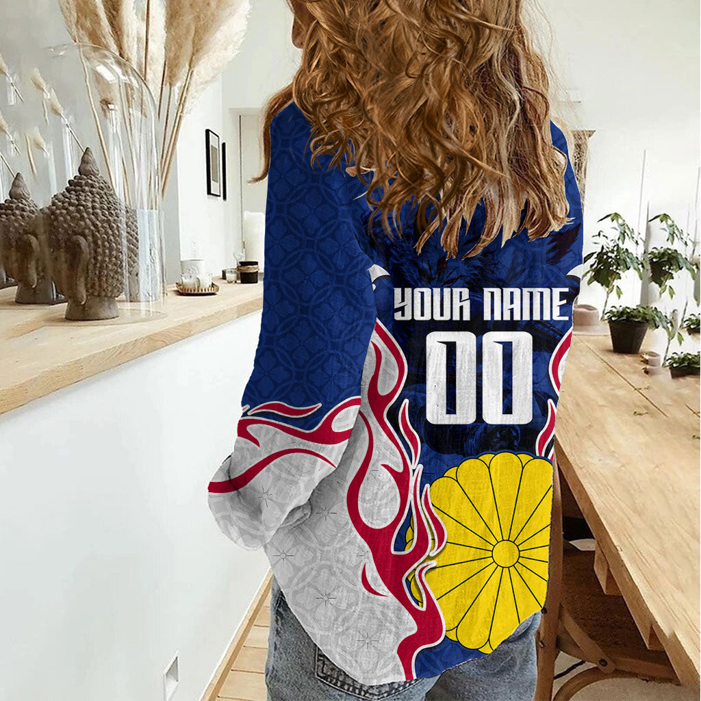 Personalized Japan Football Kitsune Mascot Women Casual Shirt Samurai Blue Chrysanthemum Flame