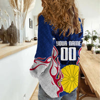 Personalized Japan Football Kitsune Mascot Women Casual Shirt Samurai Blue Chrysanthemum Flame