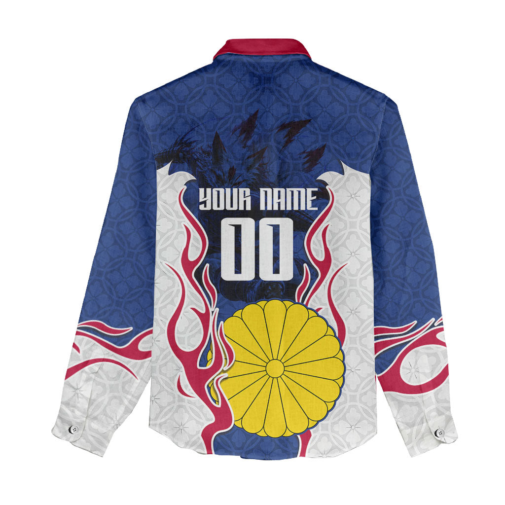 Personalized Japan Football Kitsune Mascot Women Casual Shirt Samurai Blue Chrysanthemum Flame