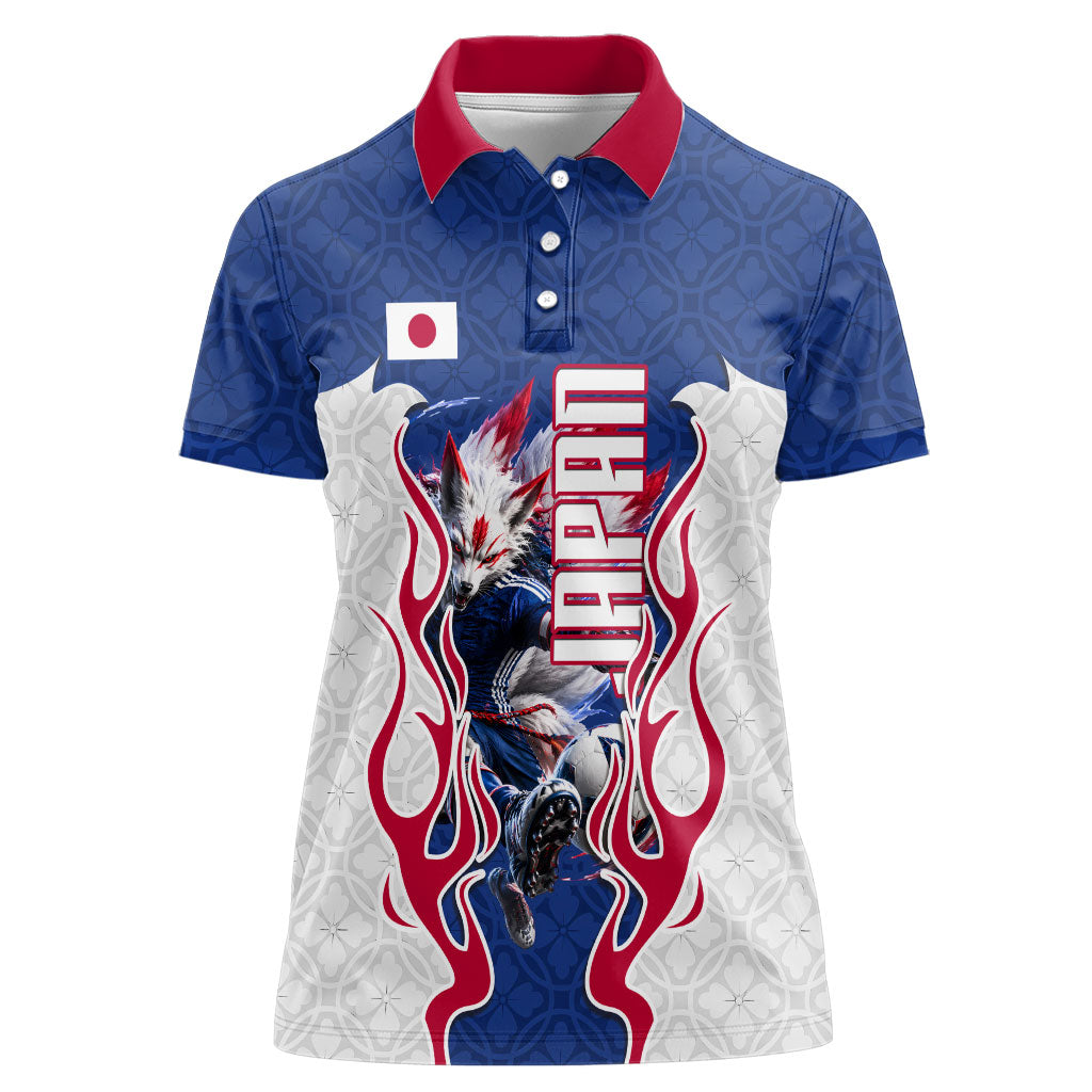 Personalized Japan Football Kitsune Mascot Women Polo Shirt Samurai Blue Chrysanthemum Flame