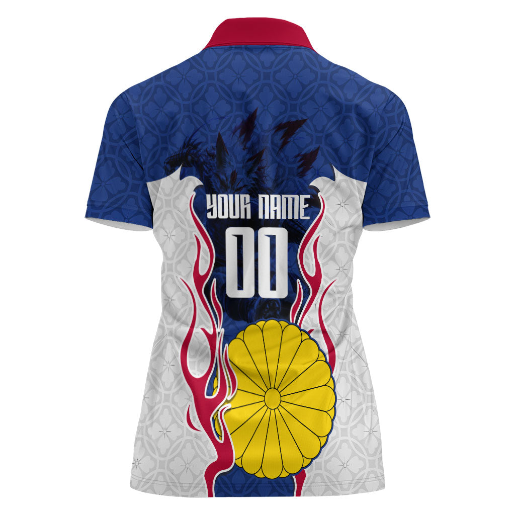 Personalized Japan Football Kitsune Mascot Women Polo Shirt Samurai Blue Chrysanthemum Flame