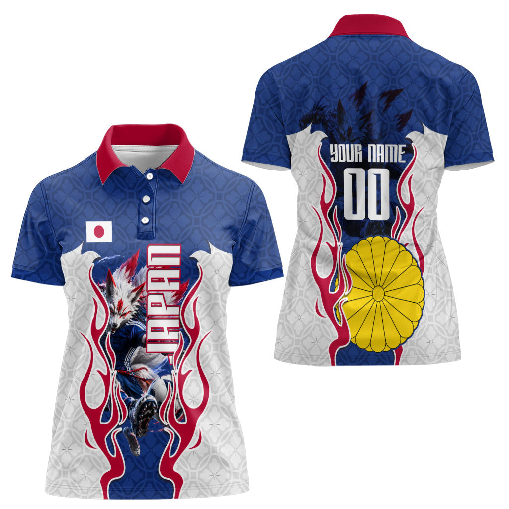 Personalized Japan Football Kitsune Mascot Women Polo Shirt Samurai Blue Chrysanthemum Flame