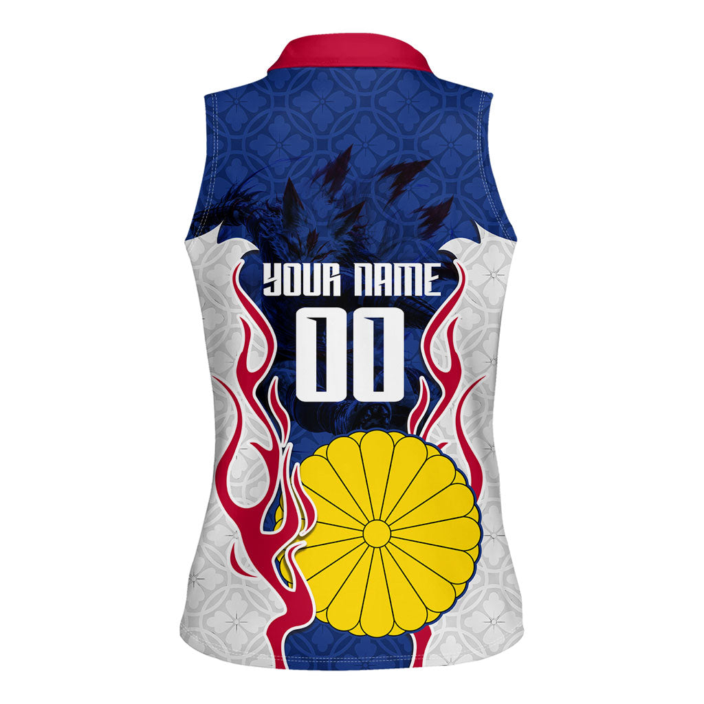 Personalized Japan Football Kitsune Mascot Women Sleeveless Polo Shirt Samurai Blue Chrysanthemum Flame
