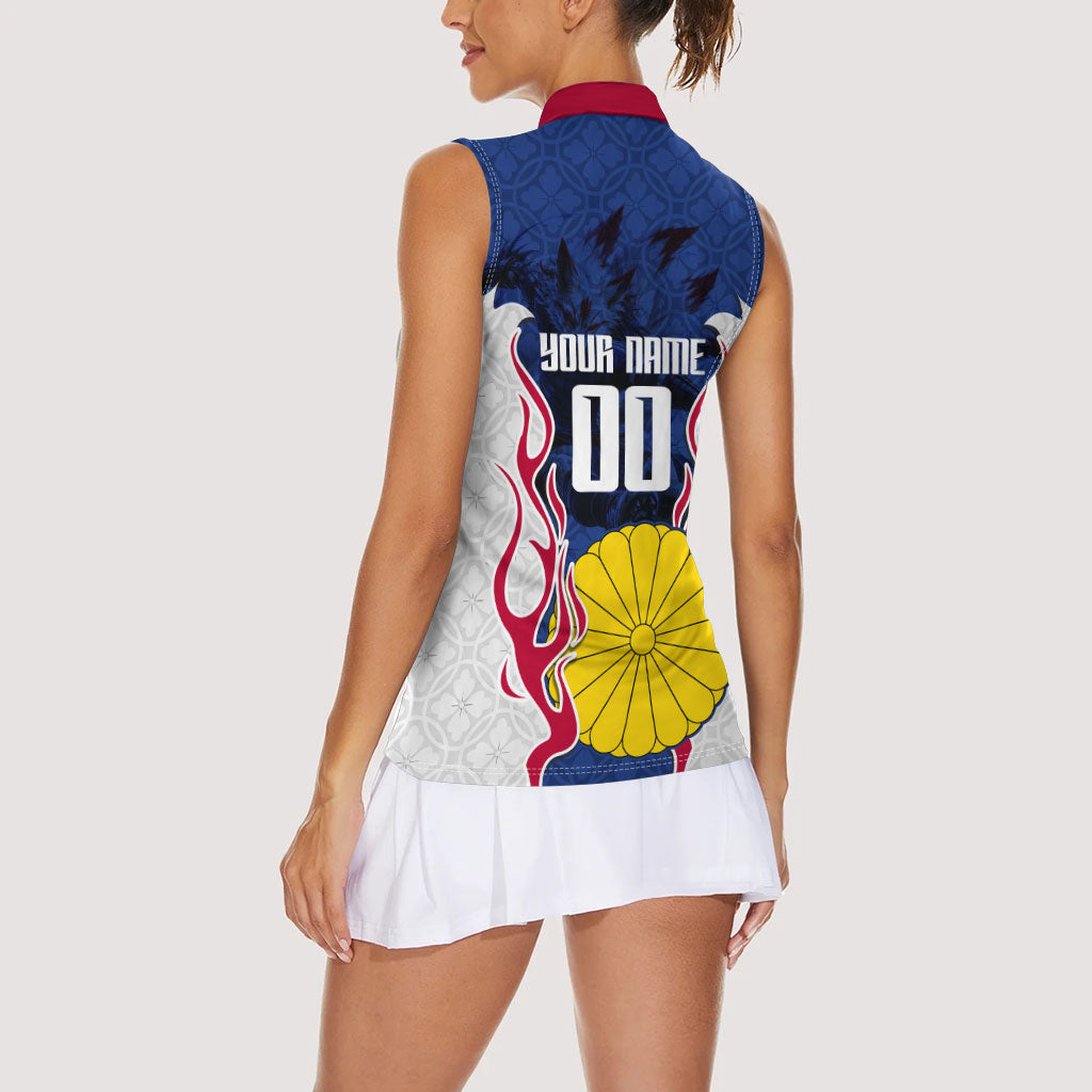 Personalized Japan Football Kitsune Mascot Women Sleeveless Polo Shirt Samurai Blue Chrysanthemum Flame