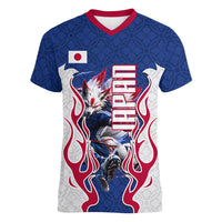 Personalized Japan Football Kitsune Mascot Women V-Neck T-Shirt Samurai Blue Chrysanthemum Flame