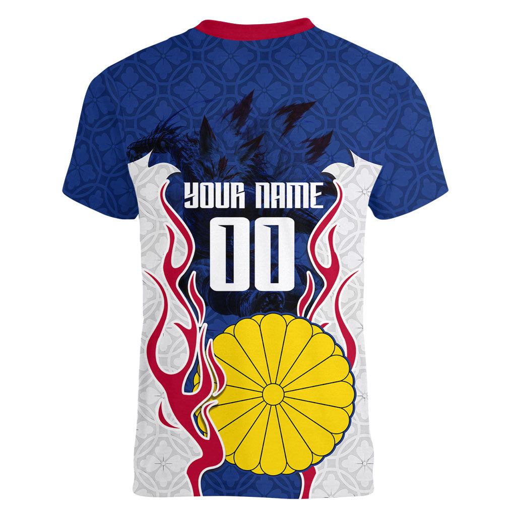 Personalized Japan Football Kitsune Mascot Women V-Neck T-Shirt Samurai Blue Chrysanthemum Flame