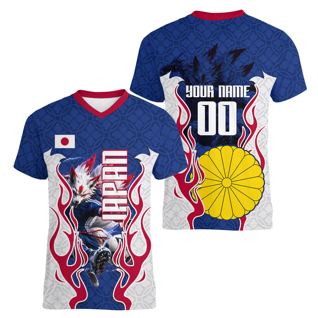 Personalized Japan Football Kitsune Mascot Women V-Neck T-Shirt Samurai Blue Chrysanthemum Flame