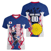 Personalized Japan Football Kitsune Mascot Women V-Neck T-Shirt Samurai Blue Chrysanthemum Flame