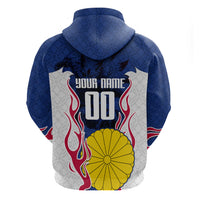 Personalized Japan Football Kitsune Mascot Zip Hoodie Samurai Blue Chrysanthemum Flame