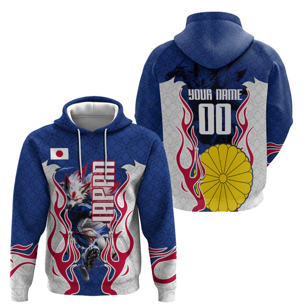 Personalized Japan Football Kitsune Mascot Zip Hoodie Samurai Blue Chrysanthemum Flame
