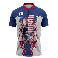 Personalized Japan Football Kitsune Mascot Zipper Polo Shirt Samurai Blue Chrysanthemum Flame