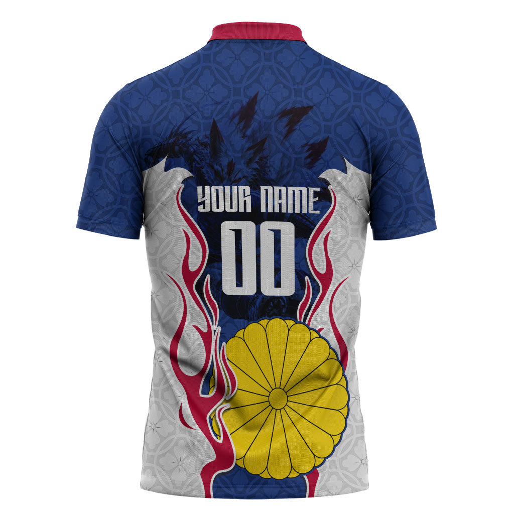 Personalized Japan Football Kitsune Mascot Zipper Polo Shirt Samurai Blue Chrysanthemum Flame