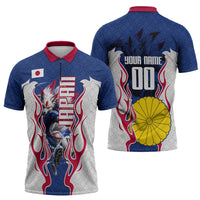 Personalized Japan Football Kitsune Mascot Zipper Polo Shirt Samurai Blue Chrysanthemum Flame