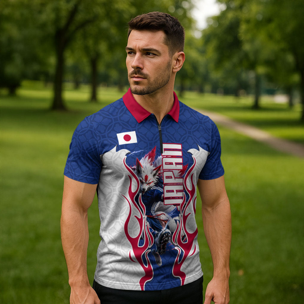 Personalized Japan Football Kitsune Mascot Zipper Polo Shirt Samurai Blue Chrysanthemum Flame