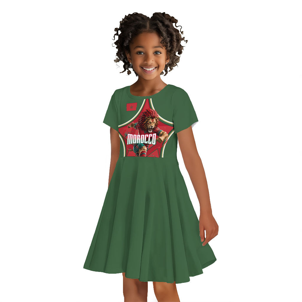 Personalized Morocco Football Atlas Lion Kid Short Sleeve Dress Moroccan Star National Flag