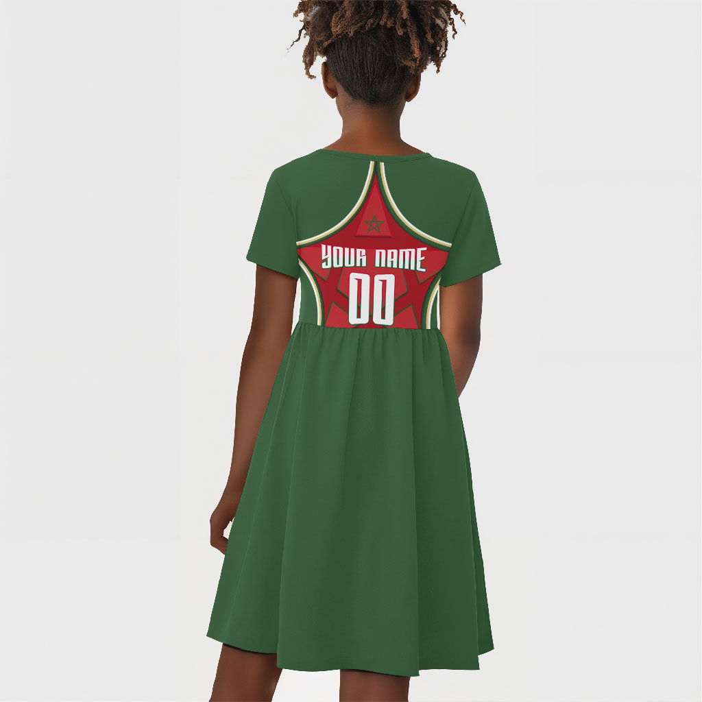 Personalized Morocco Football Atlas Lion Kid Short Sleeve Dress Moroccan Star National Flag