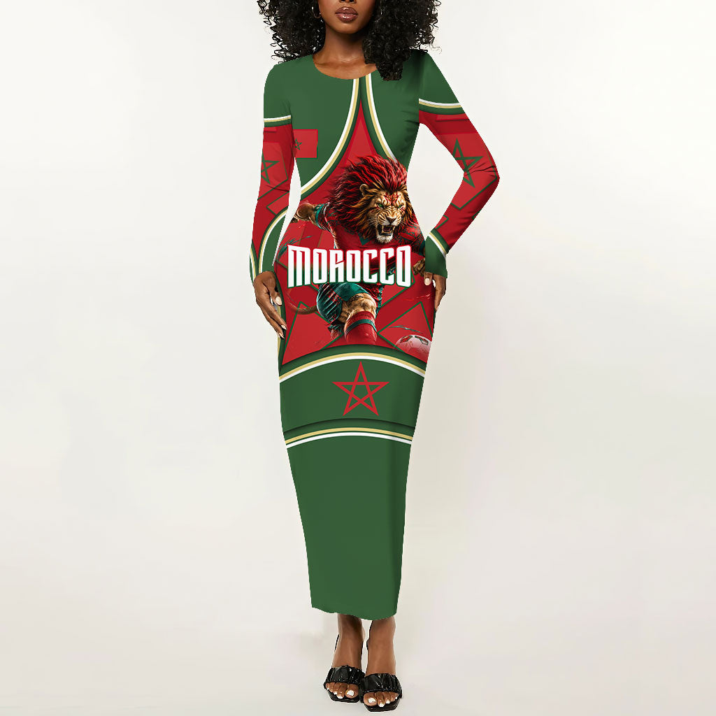 Personalized Morocco Football Atlas Lion Long Sleeve Bodycon Dress Moroccan Star National Flag