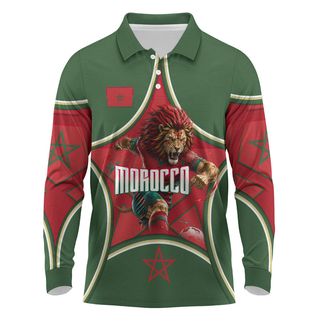 Personalized Morocco Football Atlas Lion Long Sleeve Polo Shirt Moroccan Star National Flag