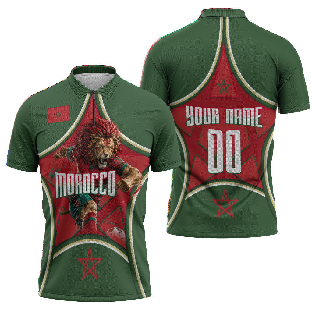 Personalized Morocco Football Atlas Lion Zipper Polo Shirt Moroccan Star National Flag