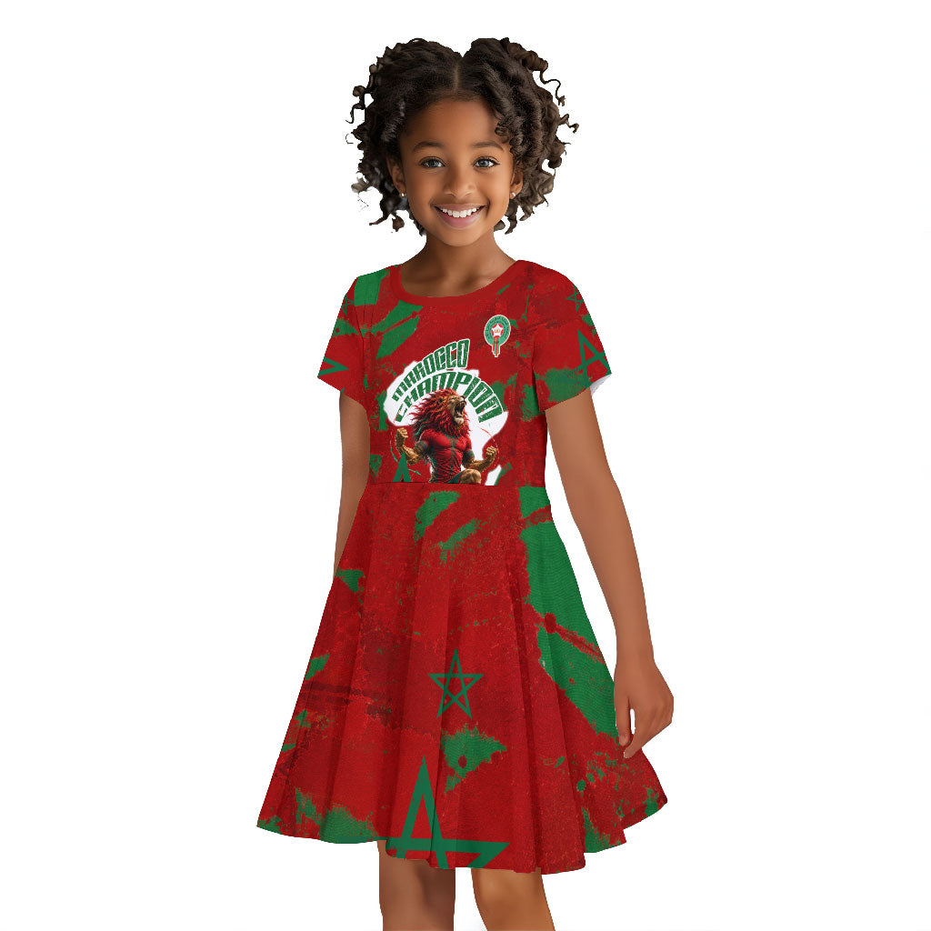 Personalized Morocco Football Kid Short Sleeve Dress Atlas Lion Grunge Star Mascot