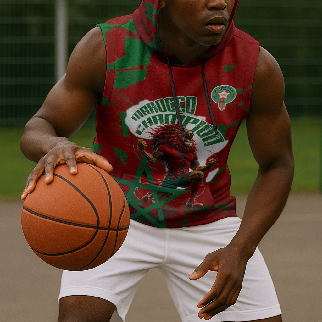 Personalized Morocco Football Sleeveless Hoodie Atlas Lion Grunge Star Mascot