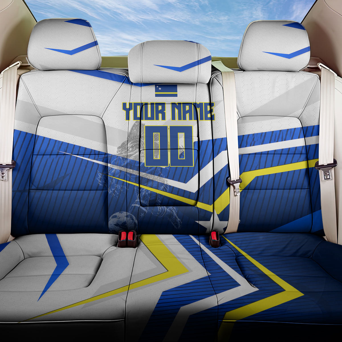 Personalized Curacao Football Marlin Mascot Back Car Seat Cover Caribbean Flag Colors Geometric Blue