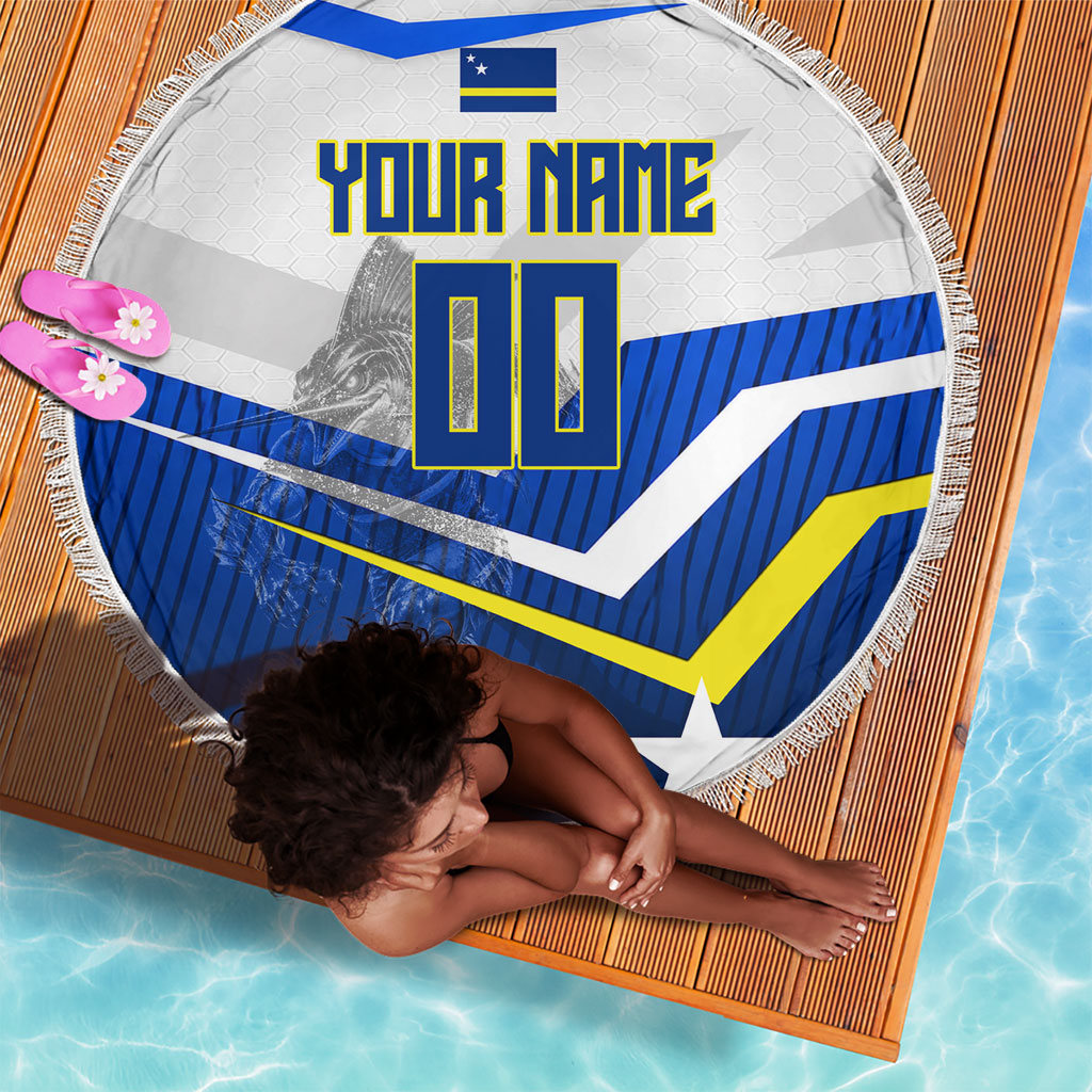 Personalized Curacao Football Marlin Mascot Beach Blanket Caribbean Flag Colors Geometric Blue