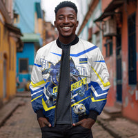 Personalized Curacao Football Marlin Mascot Bomber Jacket Caribbean Flag Colors Geometric Blue