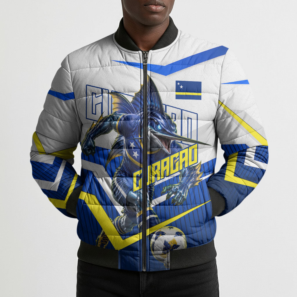 Personalized Curacao Football Marlin Mascot Bomber Puffer Jacket Caribbean Flag Colors Geometric Blue