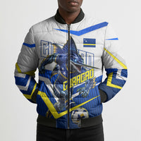 Personalized Curacao Football Marlin Mascot Bomber Puffer Jacket Caribbean Flag Colors Geometric Blue