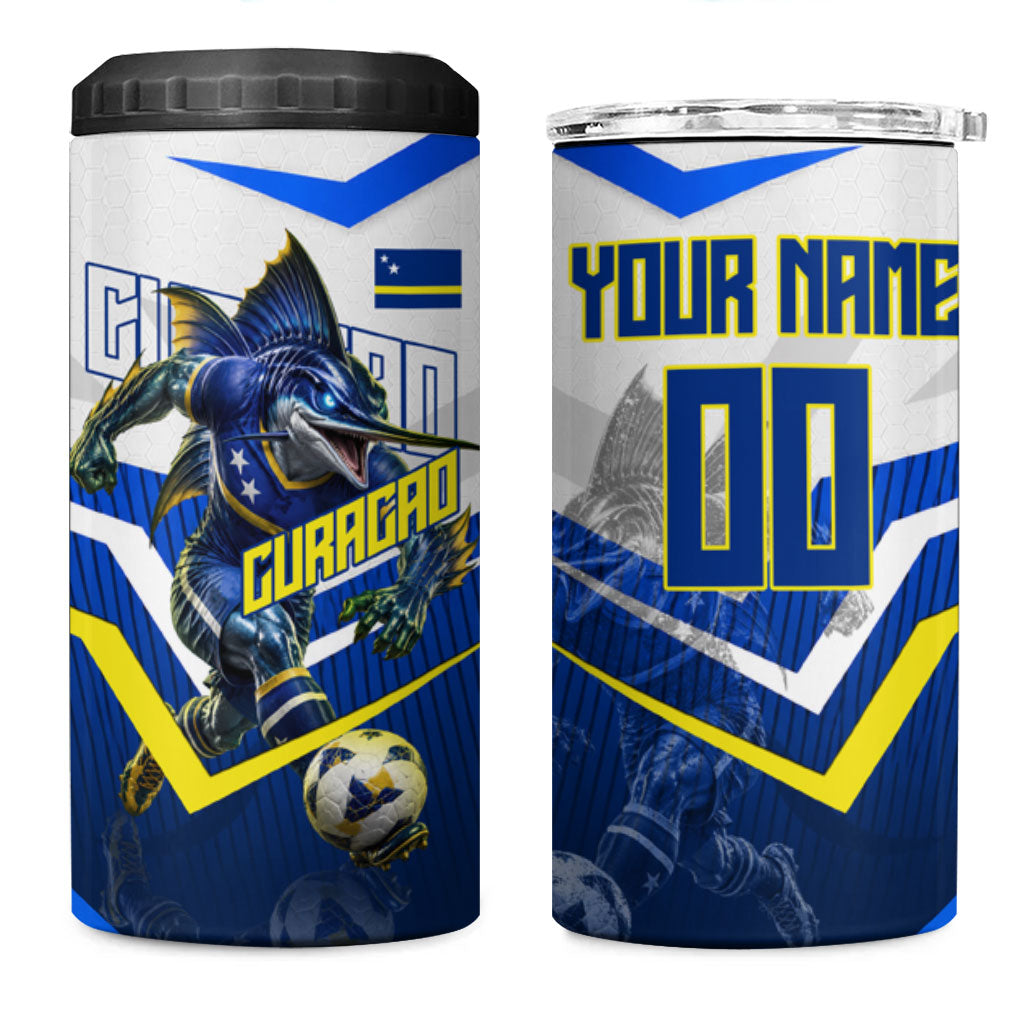 Personalized Curacao Football Marlin Mascot 4 in 1 Can Cooler Tumbler Caribbean Flag Colors Geometric Blue