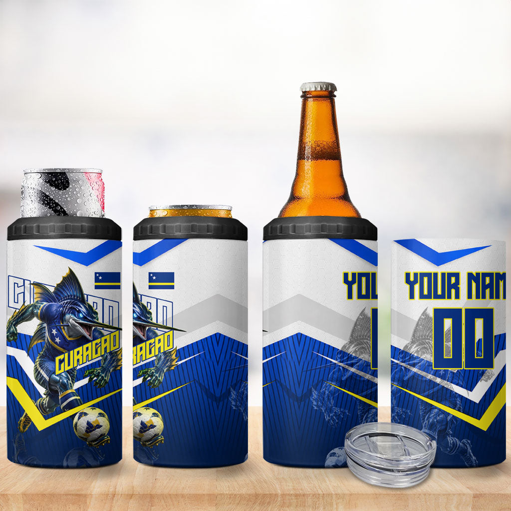 Personalized Curacao Football Marlin Mascot 4 in 1 Can Cooler Tumbler Caribbean Flag Colors Geometric Blue