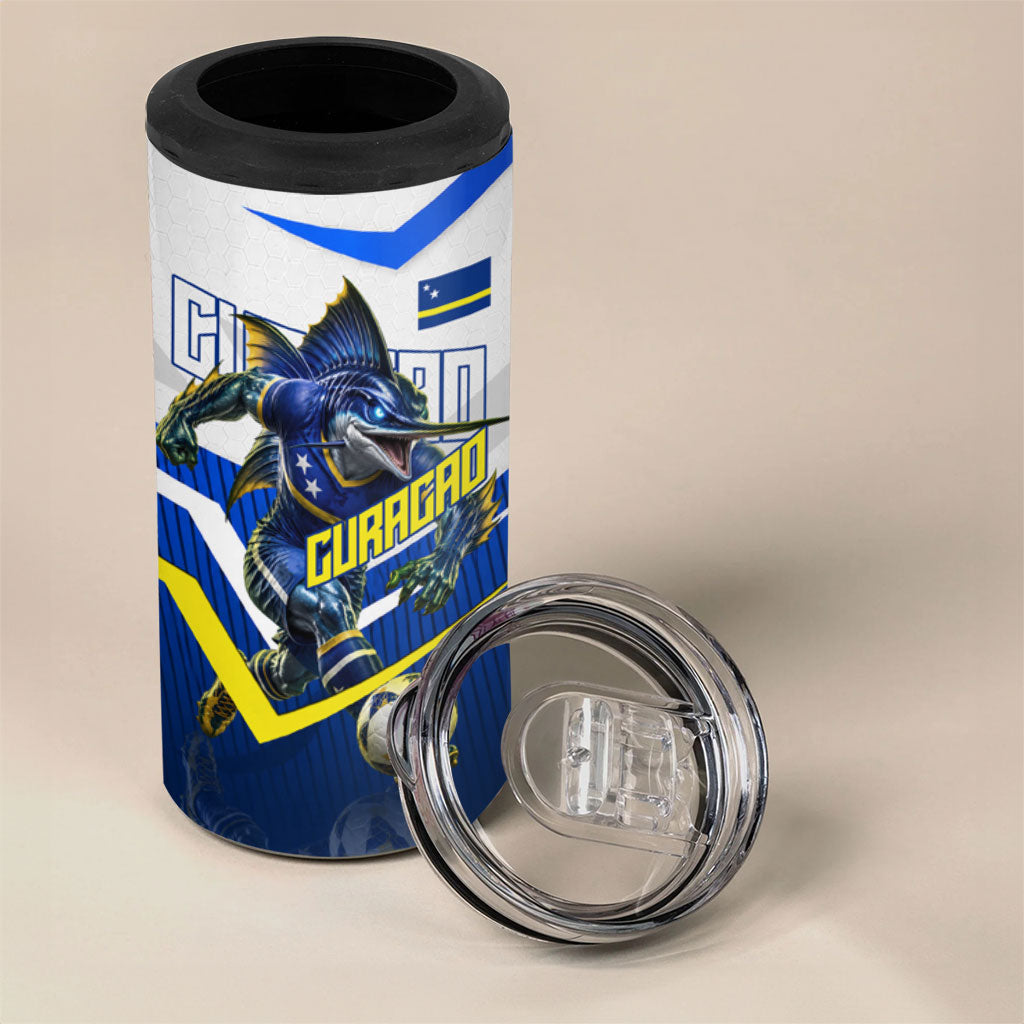 Personalized Curacao Football Marlin Mascot 4 in 1 Can Cooler Tumbler Caribbean Flag Colors Geometric Blue