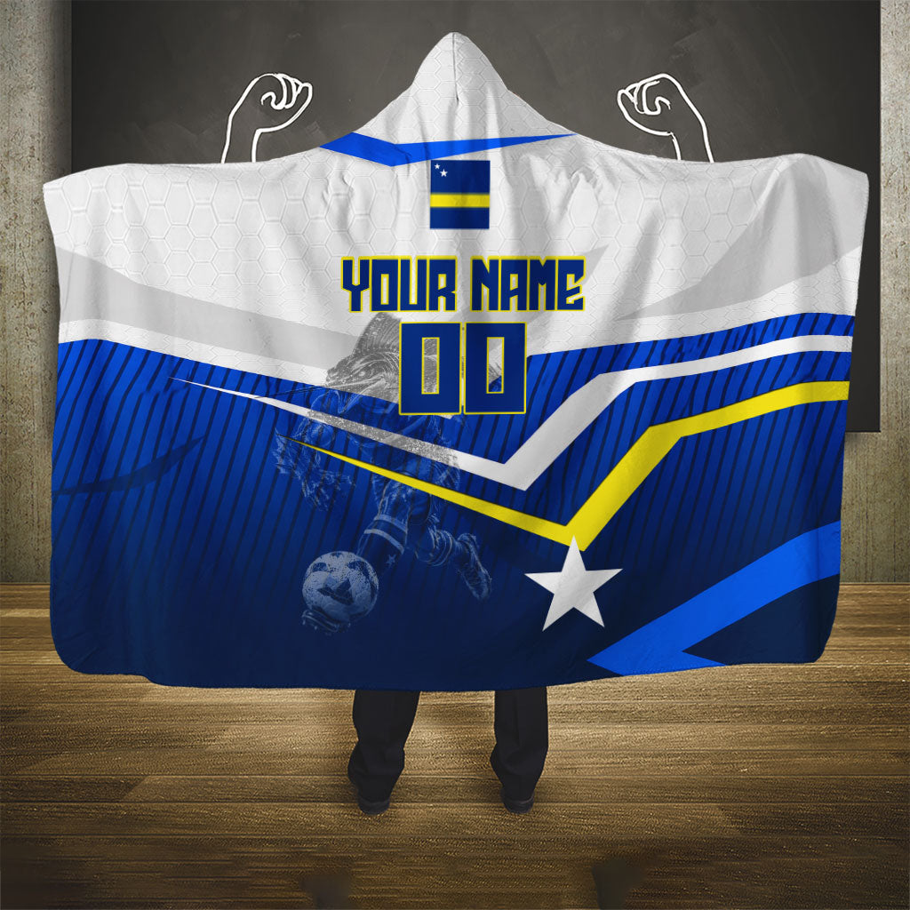 Personalized Curacao Football Marlin Mascot Hooded Blanket Caribbean Flag Colors Geometric Blue