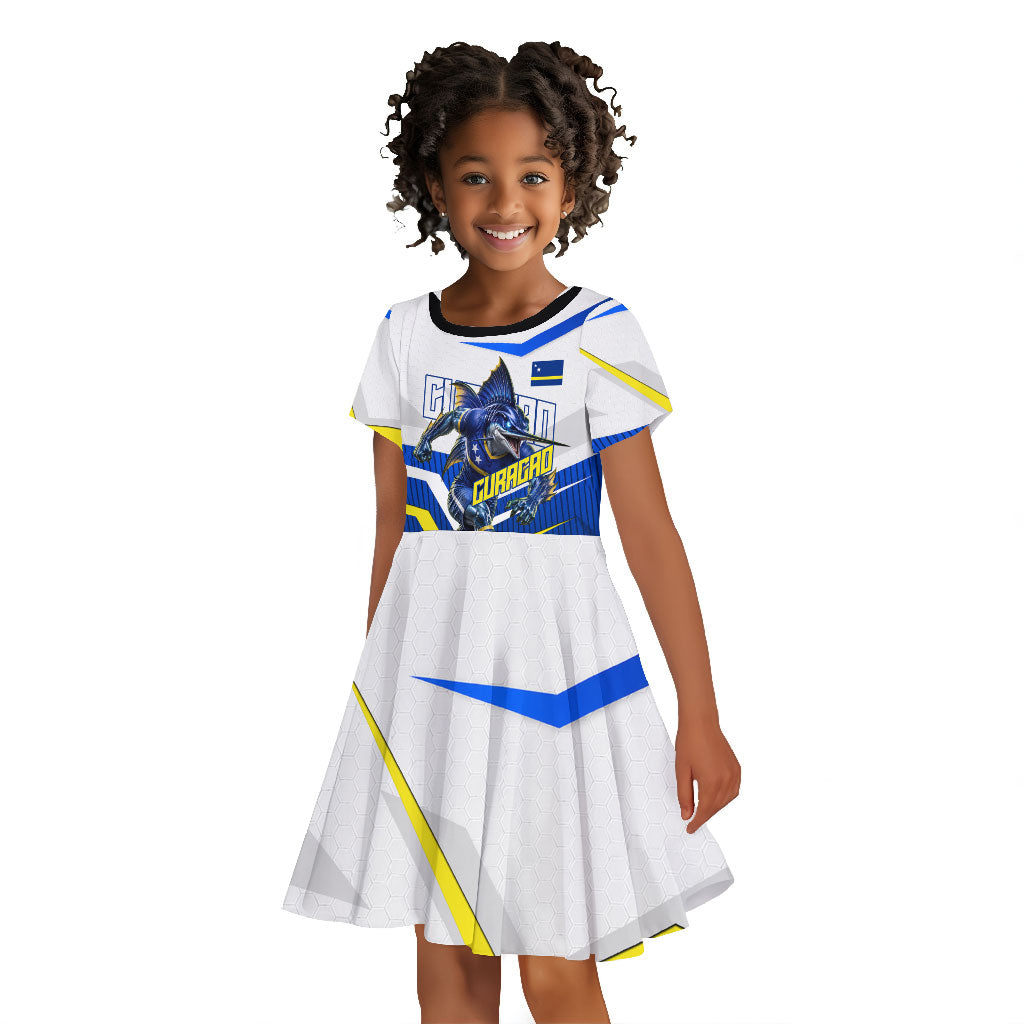 Personalized Curacao Football Marlin Mascot Kid Short Sleeve Dress Caribbean Flag Colors Geometric Blue
