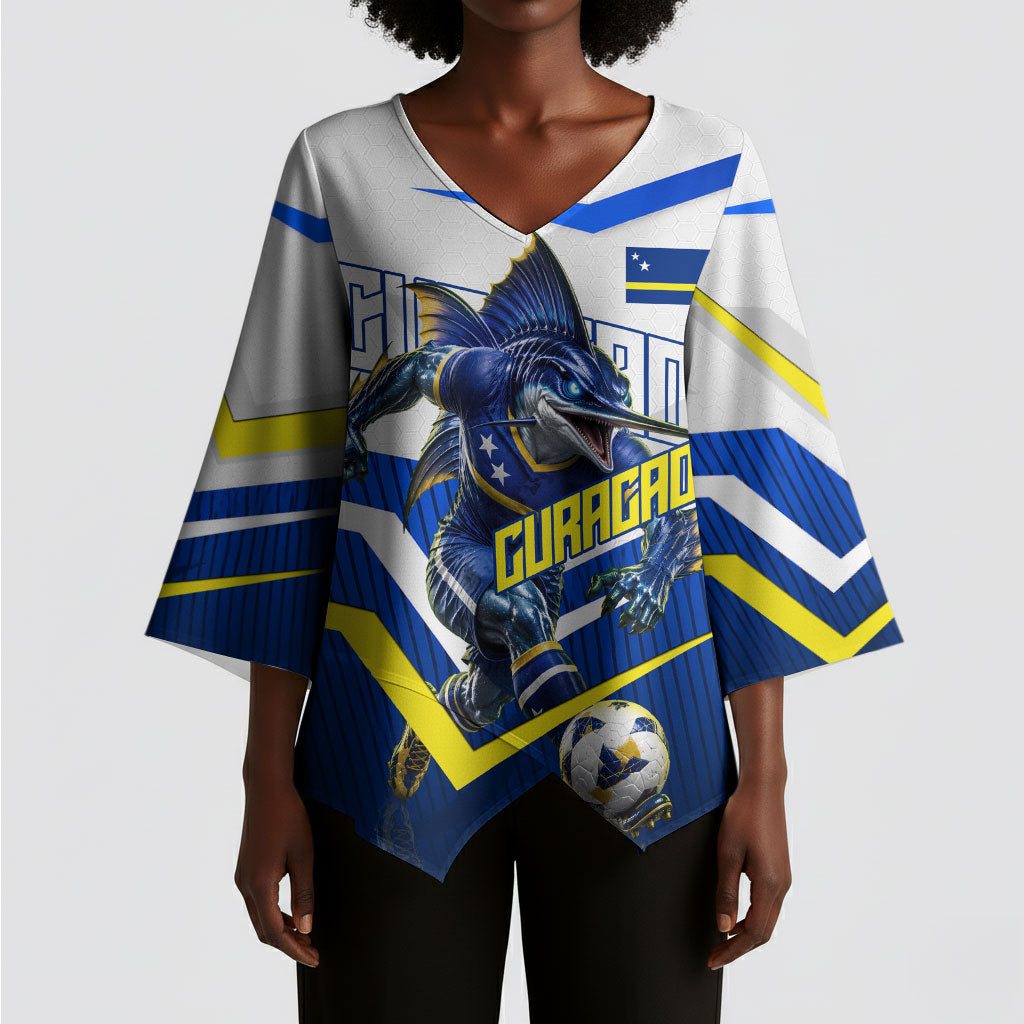 Personalized Curacao Football Marlin Mascot Kimono Sleeve Blouse Caribbean Flag Colors Geometric Blue