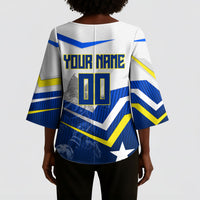 Personalized Curacao Football Marlin Mascot Kimono Sleeve Blouse Caribbean Flag Colors Geometric Blue