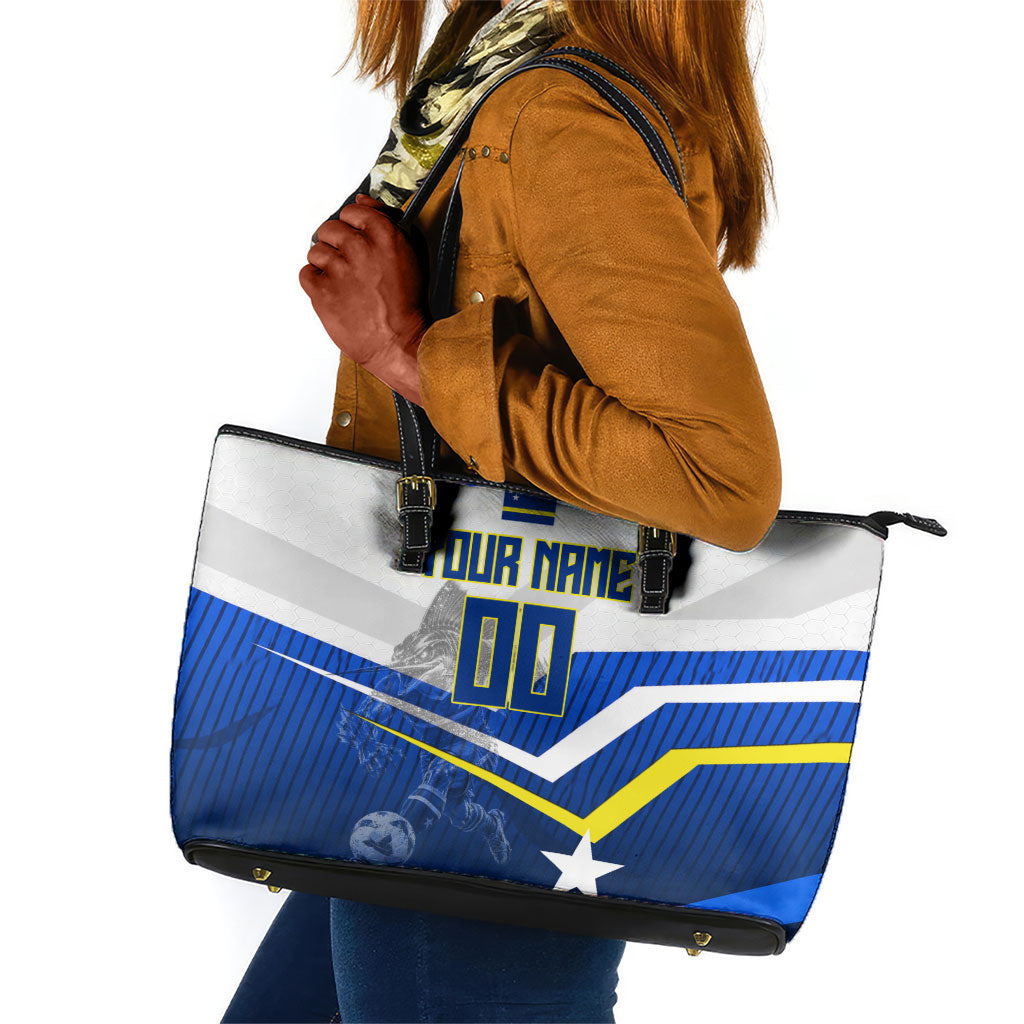 Personalized Curacao Football Marlin Mascot Leather Tote Bag Caribbean Flag Colors Geometric Blue