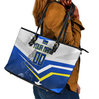 Personalized Curacao Football Marlin Mascot Leather Tote Bag Caribbean Flag Colors Geometric Blue