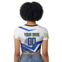 Personalized Curacao Football Marlin Mascot Raglan Cropped T shirt Caribbean Flag Colors Geometric Blue