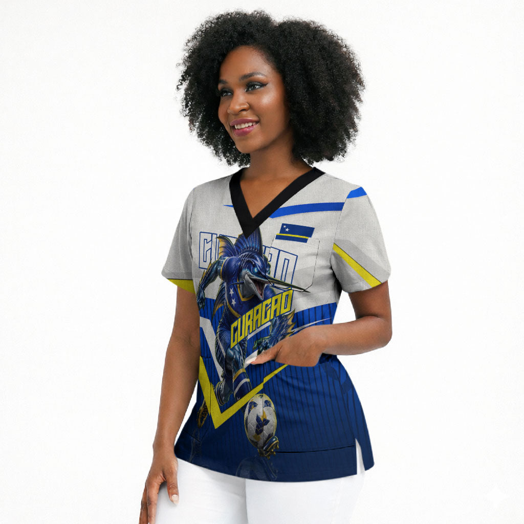 Personalized Curacao Football Marlin Mascot Scrub Top Caribbean Flag Colors Geometric Blue