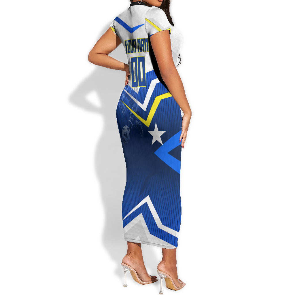 Personalized Curacao Football Marlin Mascot Short Sleeve Bodycon Dress Caribbean Flag Colors Geometric Blue