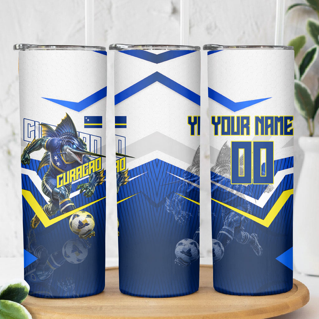 Personalized Curacao Football Marlin Mascot Skinny Tumbler Caribbean Flag Colors Geometric Blue