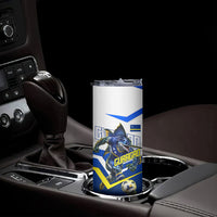 Personalized Curacao Football Marlin Mascot Skinny Tumbler Caribbean Flag Colors Geometric Blue